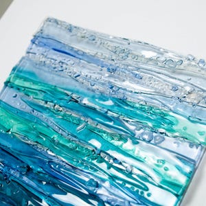 Modern Fused Glass Ocean Wall Art – Blue Coastal Vertical Glass Panel – 3D Textured Wave Sculpture – Contemporary Beach House Decor image 10