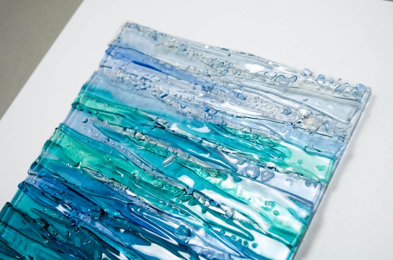 Modern Fused Glass Ocean Wall Art – Blue Coastal Vertical Glass Panel – 3D Textured Wave Sculpture – Contemporary Beach House Decor image 10