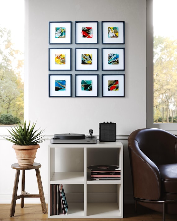 Modern Glass Art Set, Abstract Fused Glass Wall Panels, Contemporary Gallery Wall, Minimalist Framed Artwork, Designer Home Decor
