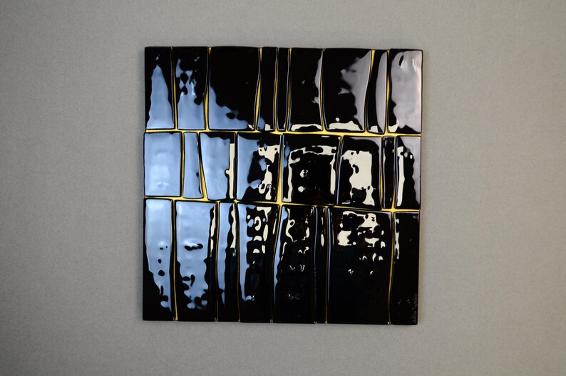Abstract Fused Glass Wall Art, Geometric Glass Panel, Modern Wall Decor, Color Block Artwork, Mid Century Style Art black