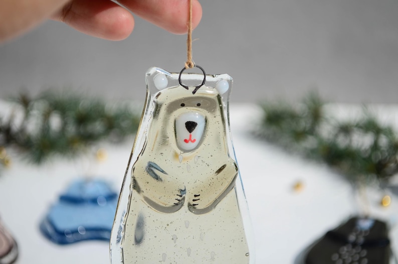 Bear Holiday ornaments Holiday decor Christmas decorations Fused glass ornaments Glass ornaments Christmas gifts Personalised ornaments Beige