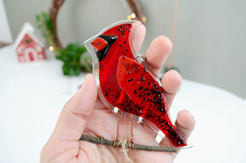 Red Cardinal Fused Glass Ornament – Christmas Bird Decoration, Handmade Holiday Gift, Winter Window Hanging, Cardinal couple image 20