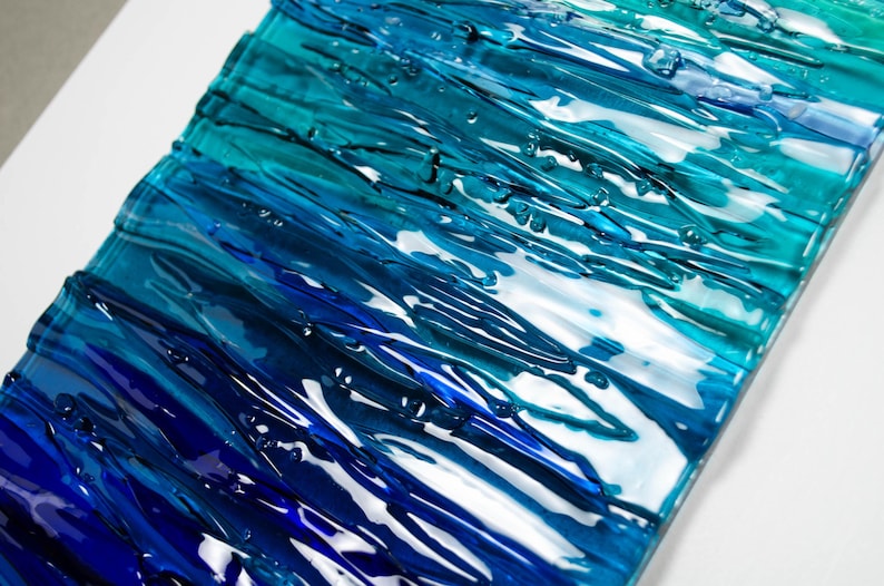 Modern Fused Glass Ocean Wall Art – Blue Coastal Vertical Glass Panel – 3D Textured Wave Sculpture – Contemporary Beach House Decor image 7