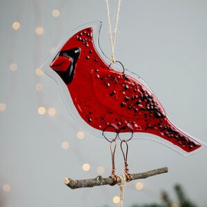 Red Cardinal Fused Glass Ornament – Christmas Bird Decoration, Handmade Holiday Gift, Winter Window Hanging, Cardinal couple image 2