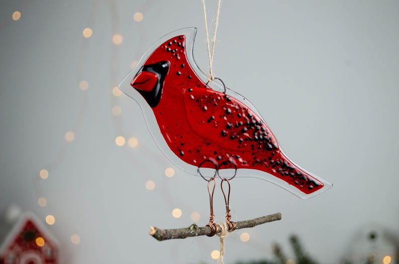 Red Cardinal Fused Glass Ornament – Christmas Bird Decoration, Handmade Holiday Gift, Winter Window Hanging, Cardinal couple image 2