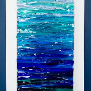 Modern Fused Glass Ocean Wall Art – Blue Coastal Vertical Glass Panel – 3D Textured Wave Sculpture – Contemporary Beach House Decor Blue