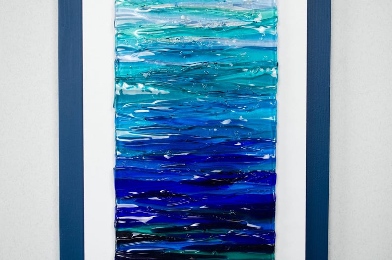 Modern Fused Glass Ocean Wall Art – Blue Coastal Vertical Glass Panel – 3D Textured Wave Sculpture – Contemporary Beach House Decor Blue