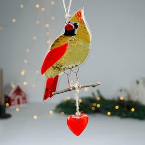 Red Cardinal Fused Glass Ornament – Christmas Bird Decoration, Handmade Holiday Gift, Winter Window Hanging, Cardinal couple image 16