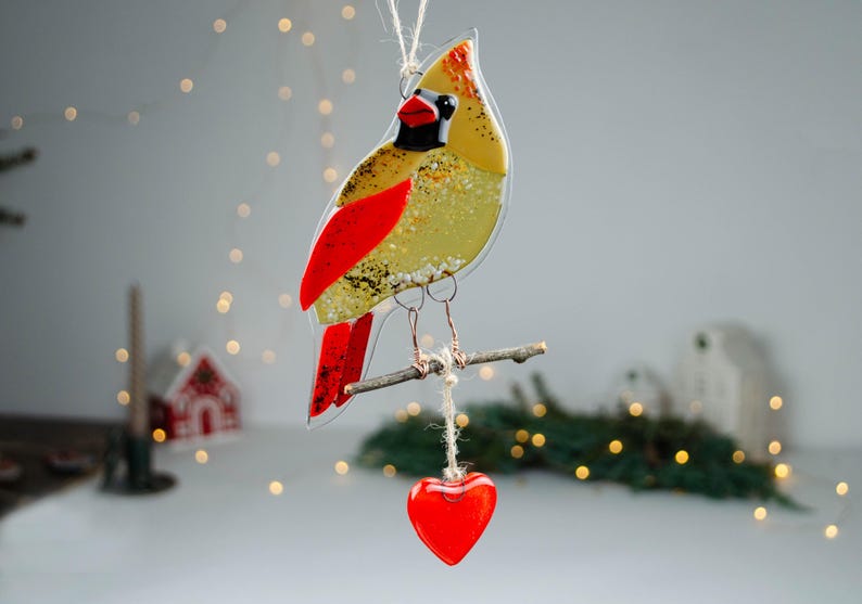 Red Cardinal Fused Glass Ornament – Christmas Bird Decoration, Handmade Holiday Gift, Winter Window Hanging, Cardinal couple image 16