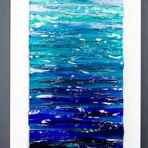 Modern Fused Glass Ocean Wall Art – Blue Coastal Vertical Glass Panel – 3D Textured Wave Sculpture – Contemporary Beach House Decor Dark grey