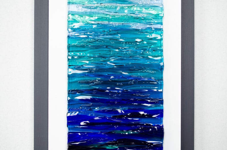 Modern Fused Glass Ocean Wall Art – Blue Coastal Vertical Glass Panel – 3D Textured Wave Sculpture – Contemporary Beach House Decor Dark grey