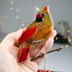 Red Cardinal Fused Glass Ornament – Christmas Bird Decoration, Handmade Holiday Gift, Winter Window Hanging, Cardinal couple image 18