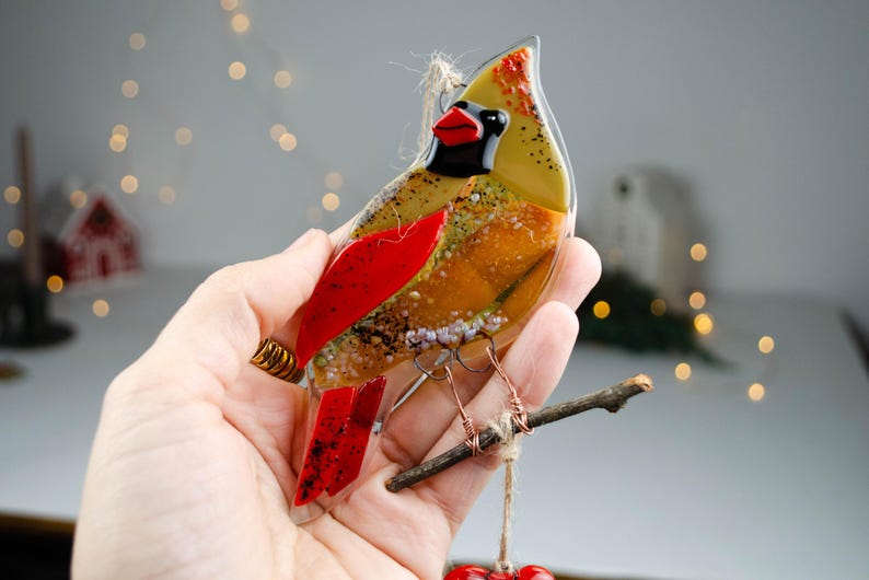 Red Cardinal Fused Glass Ornament – Christmas Bird Decoration, Handmade Holiday Gift, Winter Window Hanging, Cardinal couple image 18