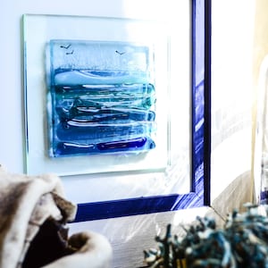 Art mural en verre Art de l&#39;océan Art du verre de l&#39;océan Art moderne Art du verre fusionné Art abstrait vagues de l&#39;océan Paysage marin mer océan Decor Art mural de plage