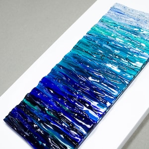Modern Fused Glass Ocean Wall Art – Blue Coastal Vertical Glass Panel – 3D Textured Wave Sculpture – Contemporary Beach House Decor image 5