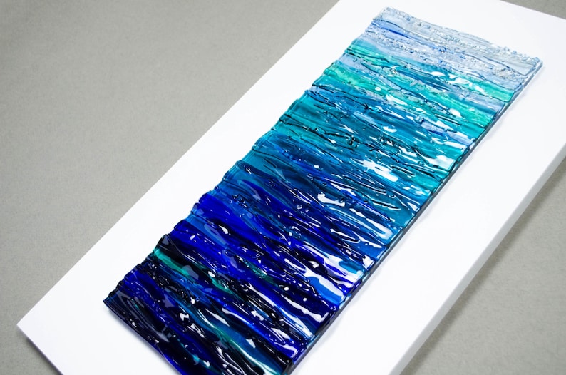 Modern Fused Glass Ocean Wall Art – Blue Coastal Vertical Glass Panel – 3D Textured Wave Sculpture – Contemporary Beach House Decor image 5