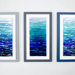 Modern Fused Glass Ocean Wall Art – Blue Coastal Vertical Glass Panel – 3D Textured Wave Sculpture – Contemporary Beach House Decor image 14