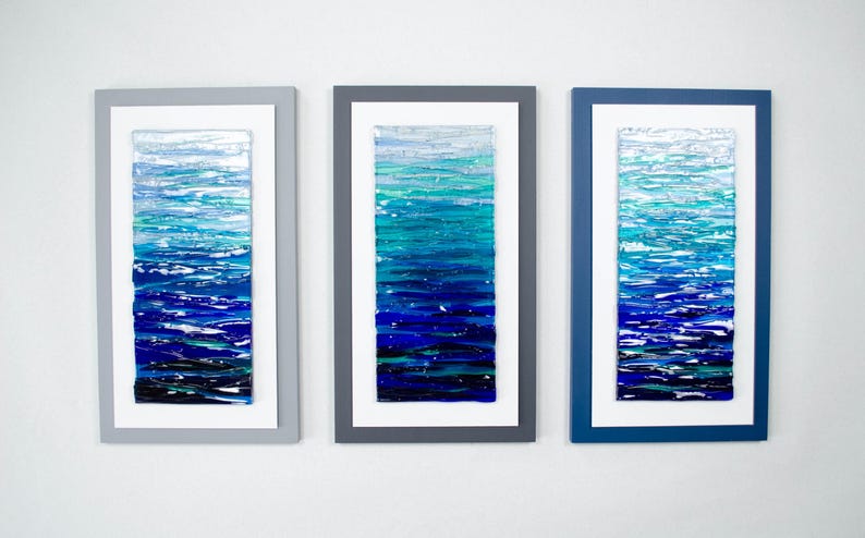 Modern Fused Glass Ocean Wall Art – Blue Coastal Vertical Glass Panel – 3D Textured Wave Sculpture – Contemporary Beach House Decor image 14