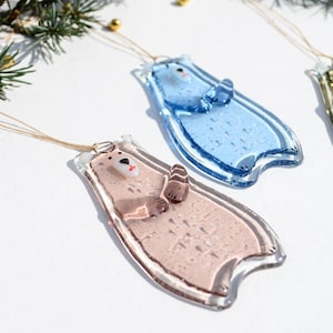 Bear Holiday ornaments Holiday decor Christmas decorations Fused glass ornaments Glass ornaments Christmas gifts Personalised ornaments Pink