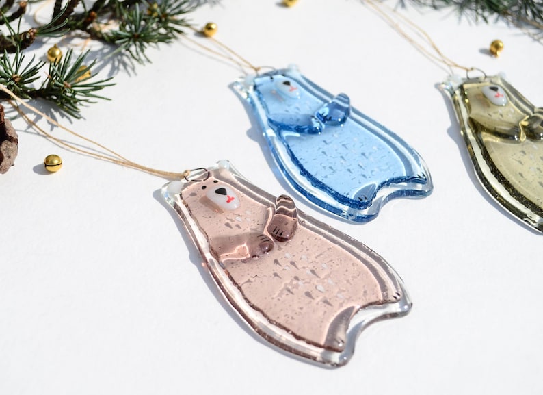 Bear Holiday ornaments Holiday decor Christmas decorations Fused glass ornaments Glass ornaments Christmas gifts Personalised ornaments Pink