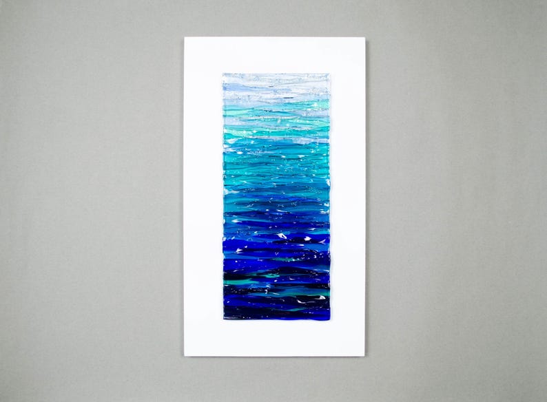 Modern Fused Glass Ocean Wall Art – Blue Coastal Vertical Glass Panel – 3D Textured Wave Sculpture – Contemporary Beach House Decor image 2