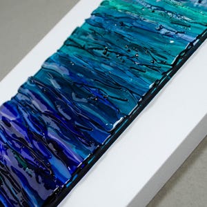 Modern Fused Glass Ocean Wall Art – Blue Coastal Vertical Glass Panel – 3D Textured Wave Sculpture – Contemporary Beach House Decor image 6
