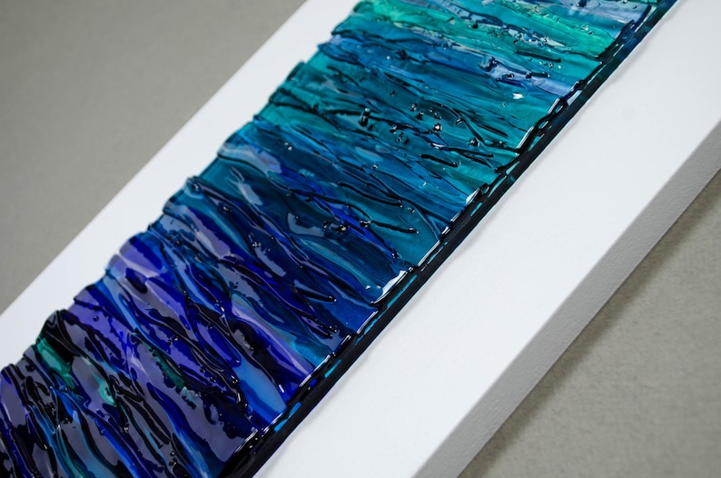 Modern Fused Glass Ocean Wall Art – Blue Coastal Vertical Glass Panel – 3D Textured Wave Sculpture – Contemporary Beach House Decor image 6