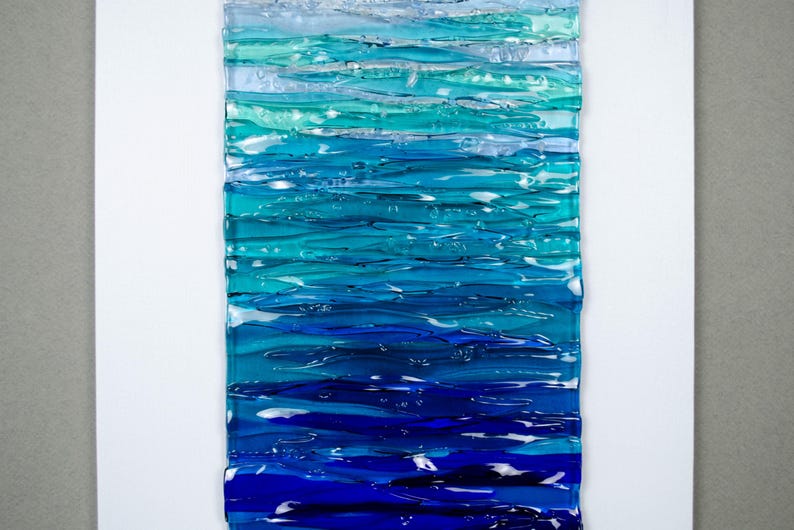 Modern Fused Glass Ocean Wall Art – Blue Coastal Vertical Glass Panel – 3D Textured Wave Sculpture – Contemporary Beach House Decor White