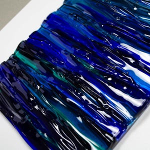 Modern Fused Glass Ocean Wall Art – Blue Coastal Vertical Glass Panel – 3D Textured Wave Sculpture – Contemporary Beach House Decor image 12
