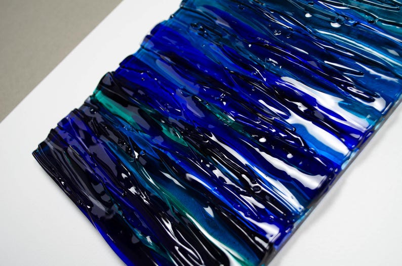 Modern Fused Glass Ocean Wall Art – Blue Coastal Vertical Glass Panel – 3D Textured Wave Sculpture – Contemporary Beach House Decor image 12