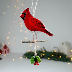 Red Cardinal Fused Glass Ornament – Christmas Bird Decoration, Handmade Holiday Gift, Winter Window Hanging, Cardinal couple image 3