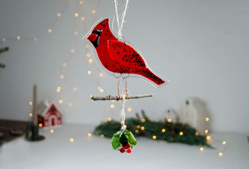 Red Cardinal Fused Glass Ornament – Christmas Bird Decoration, Handmade Holiday Gift, Winter Window Hanging, Cardinal couple image 3