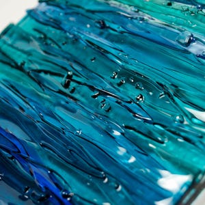 Modern Fused Glass Ocean Wall Art – Blue Coastal Vertical Glass Panel – 3D Textured Wave Sculpture – Contemporary Beach House Decor image 8