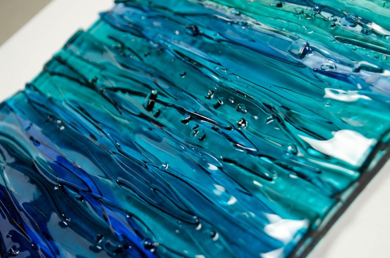 Modern Fused Glass Ocean Wall Art – Blue Coastal Vertical Glass Panel – 3D Textured Wave Sculpture – Contemporary Beach House Decor image 8