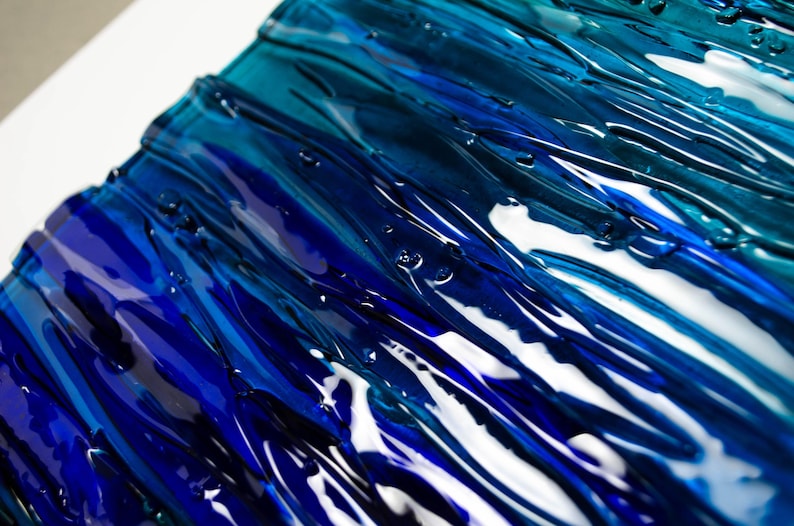 Modern Fused Glass Ocean Wall Art – Blue Coastal Vertical Glass Panel – 3D Textured Wave Sculpture – Contemporary Beach House Decor image 13
