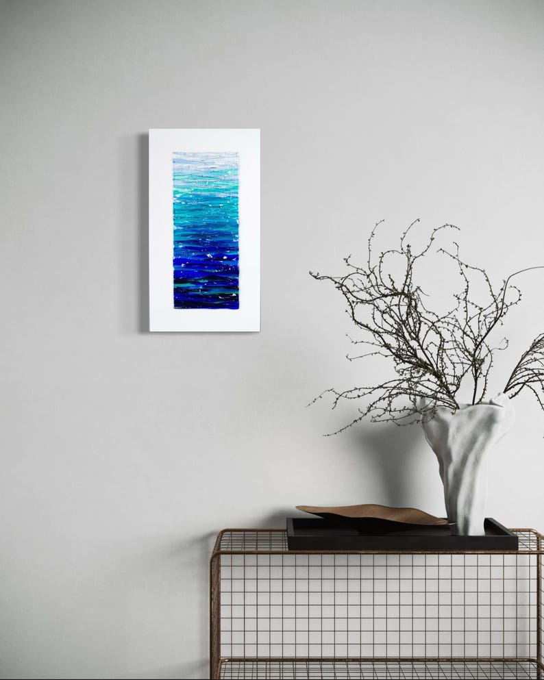 Modern Fused Glass Ocean Wall Art – Blue Coastal Vertical Glass Panel – 3D Textured Wave Sculpture – Contemporary Beach House Decor image 1