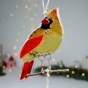 Red Cardinal Fused Glass Ornament – Christmas Bird Decoration, Handmade Holiday Gift, Winter Window Hanging, Cardinal couple image 17