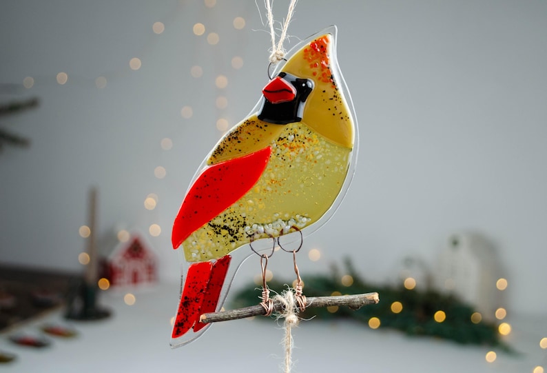 Red Cardinal Fused Glass Ornament – Christmas Bird Decoration, Handmade Holiday Gift, Winter Window Hanging, Cardinal couple image 17