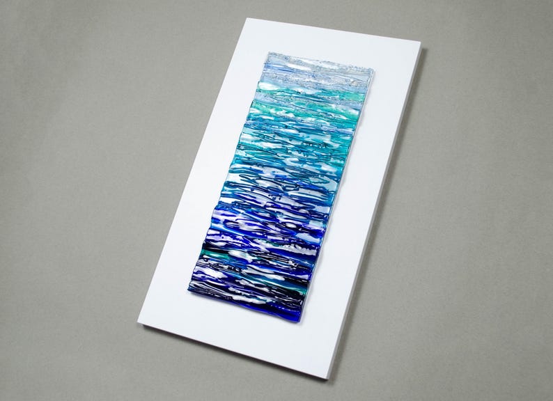Modern Fused Glass Ocean Wall Art – Blue Coastal Vertical Glass Panel – 3D Textured Wave Sculpture – Contemporary Beach House Decor image 4