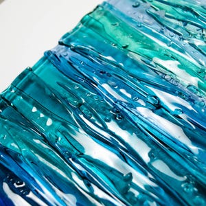 Modern Fused Glass Ocean Wall Art – Blue Coastal Vertical Glass Panel – 3D Textured Wave Sculpture – Contemporary Beach House Decor image 9