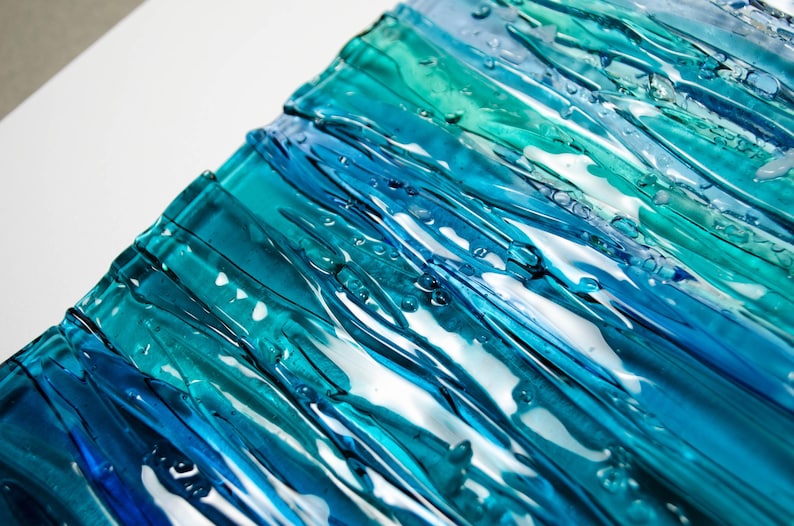 Modern Fused Glass Ocean Wall Art – Blue Coastal Vertical Glass Panel – 3D Textured Wave Sculpture – Contemporary Beach House Decor image 9