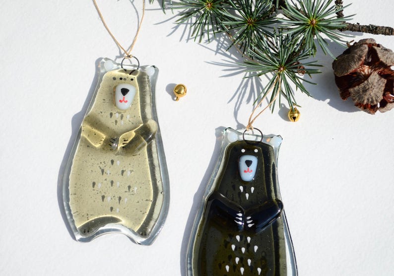 Bear Holiday ornaments Holiday decor Christmas decorations Fused glass ornaments Glass ornaments Christmas gifts Personalised ornaments Black