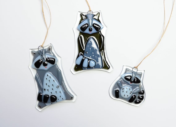 Raccoon Christmas ornaments Family raccoon Holiday ornaments Xmas decorations Fused glass ornaments Personalised ornaments Xmas tree decor