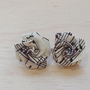 Musical rose stud earrings for musician, music lover, teacher, recycled paper tiny floral studs, eco-friendly origami paper flower jewellery image 1