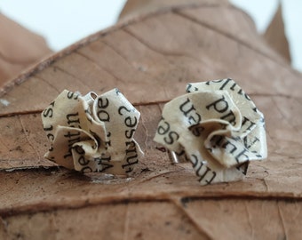 Secret Garden book eco-friendly paper earring studs, recycled book paper jewellery gift for her, origami rose book lover present, bookish