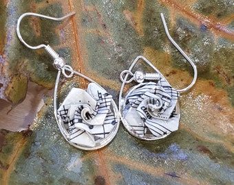 Origami Rose Drop Earrings: Recycled Sheet Music, Surgical steel or Sterling Silver Hooks