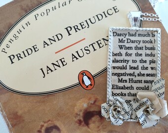 Pride and Prejudice Necklace: Recycled Book Art Origami Rose Pendant