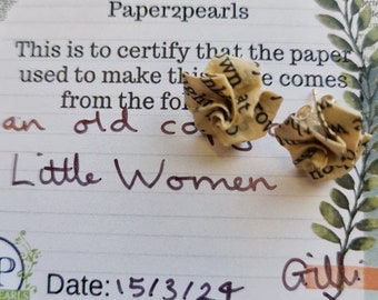 Handmade Little women stud earrings, up cycled book page, eco-friendly jewellery for her,  paper flower earrings, recycled repurposed rose