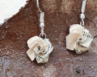 Literary Rose Earrings, Recycled Book Page Jewelry, Unique Paper Flower Dangle Earrings