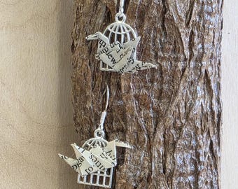Jane Eyre Book Page Earrings: Birdcage & Origami Crane, Literary Jewelry